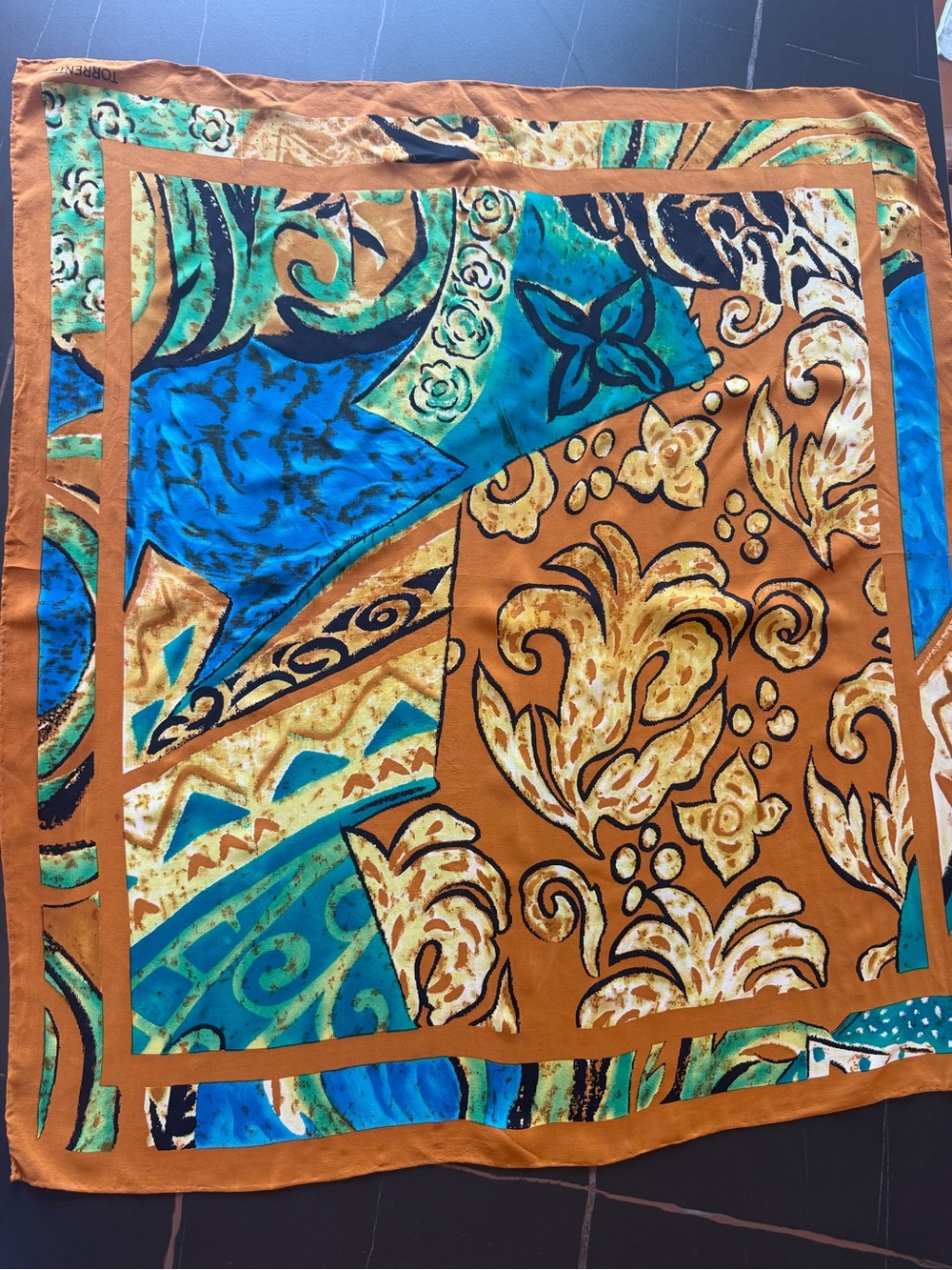 Stylish Floral & Wave Print Square Scarf in Teal and Brown